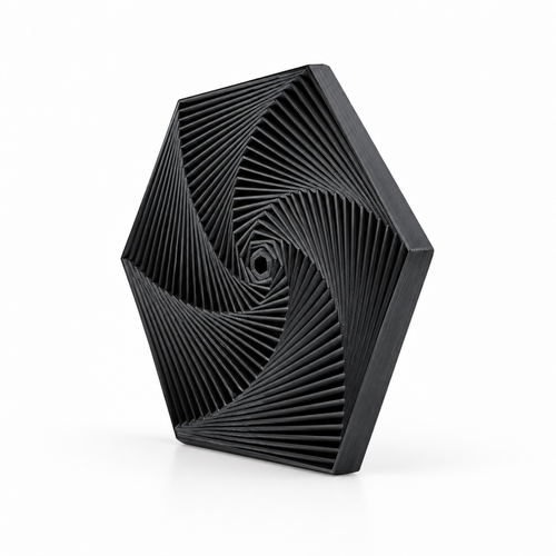 3D printed hexagonal tower fidget in black, standing upright at a three-quarter angle on white