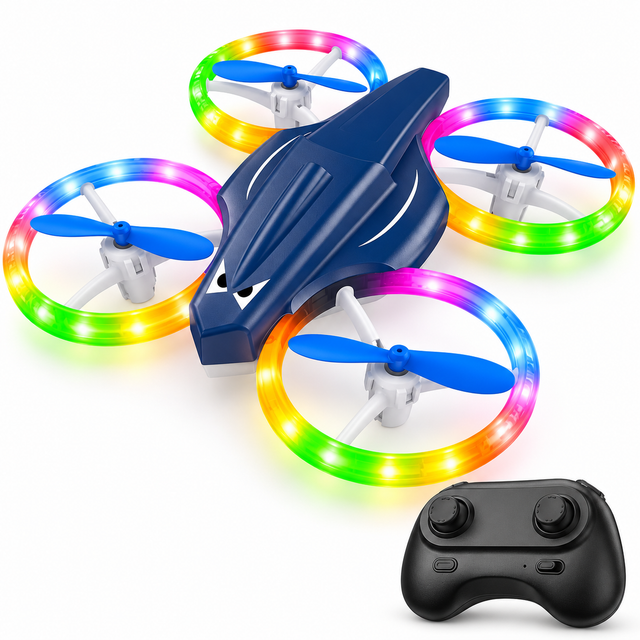 Dark blue kid-safe RC drone, three-quarter-left hero view with controller.