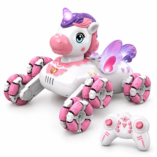 8-wheel-unicorn-rc-stunt-car-mecanum-wheels-swing-arms: left-facing three-quarter studio hero with matching controller.