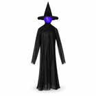 63 inch Halloween standing witch prop, front view with purple glowing LED head, pointed hat and black gauze robe