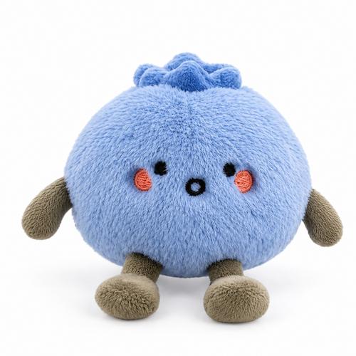 14cm cute blueberry plush toy, front view: fluffy blue body, embroidered smiling face and pink cheeks
