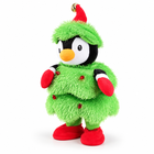 Electric dancing singing plush penguin in green Christmas tree costume, three-quarter hero view