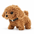 Cute electric plush walking puppy, three-quarter left-facing hero view