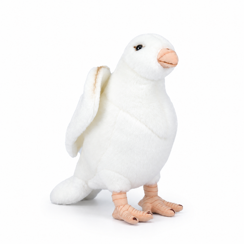 22cm white pigeon plush toy, three-quarter view facing right with raised wing, pink beak and stitched feet