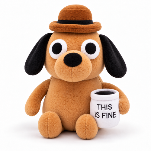 This Is Fine coffee dog plush toy front view, tan dog in brown bowler hat holding a white THIS IS FINE mug