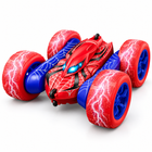 Double-Sided Flip 4WD Drift RC Car, red and blue web-pattern body with lightning-tread tyres, three-quarter view