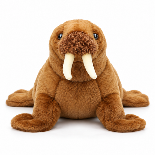 Realistic brown walrus plush toy, front view with cream tusks and fluffy whisker muzzle on white