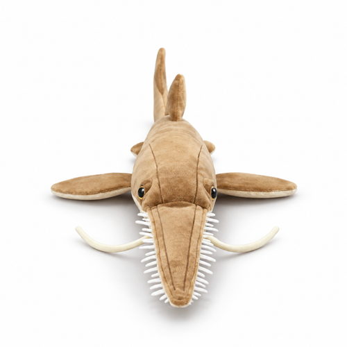 Head-on view of the 70cm sawshark plush showing the toothed saw-snout, white barbels and spread fins
