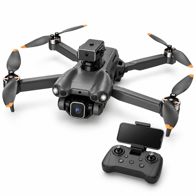CS25 matte black drone with remote controller on a white studio background