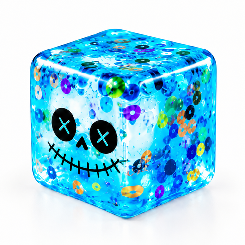Blue Halloween squishy stress cube with stitched skull face and glitter confetti, close-up on white