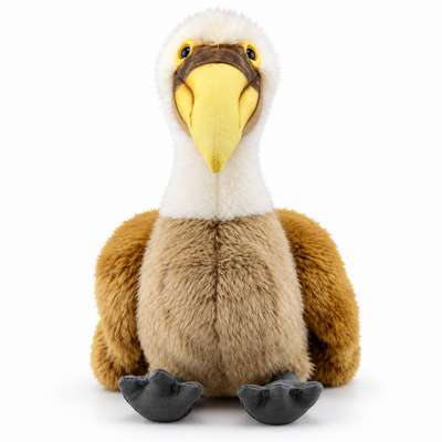30cm lifelike pelican plush toy seen from the front: yellow beak; white head; tan body; grey feet
