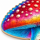 Macro close-up of fly agaric cap spots and colorful wooden puzzle gills