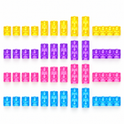 All 40 squishy jelly building bricks laid out by colour: yellow, purple, pink and blue in 1 to 4 stud lengths