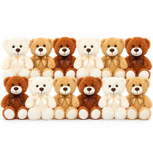 12 pack of 14 inch teddy bears with bow ties: 4 cream, 4 golden tan and 4 chestnut brown