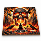 Raven Skull wooden jigsaw puzzle assembled, low angle showing the thick laser-cut wooden edges