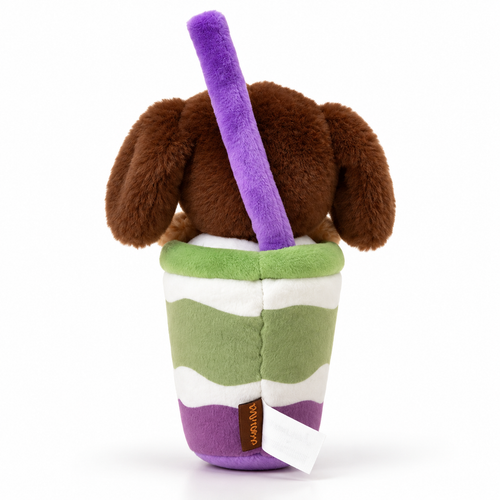 Chew-resistant plush dog toy back view: puppy ears, purple straw and the bubble tea cup seams