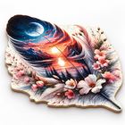 Celestial Feather wooden jigsaw puzzle assembled, low angle showing the feather-shaped wood edges