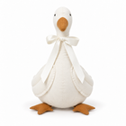 Cream white fabric goose plush with satin ribbon bow, front view