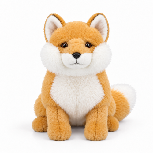 25CM cute white faux fur fox plush toy, front view sitting with white cheeks and chest