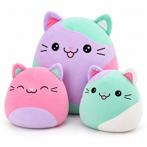 Front view of 3PCS cartoon cat pillow plush set in purple, pink and teal - Toylvia