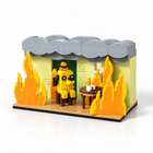 This Is Fine dog building block diorama, three-quarter view with flames and coffee cup - Toylvia