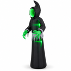Three-quarter view of 8FT inflatable mirror face ghost with glowing green face and black hood - Toylvia