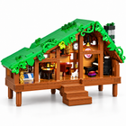 664PCS folk cabin building blocks forest house, three-quarter view with leafy roof and furnished interior