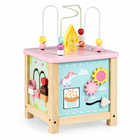 Alternate angle of the wooden activity cube showing pastel gears, slider activities, bead maze and natural wood frame.