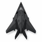 Overhead view showing the angular black stealth fighter toy silhouette, wings and rear fins.