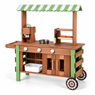Opposite-side view of the wooden food cart showing its canopy, three control knobs, cupboard, storage bin and wheels.