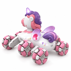 8-wheel-unicorn-rc-stunt-car-mecanum-wheels-swing-arms: distinct supporting studio angle.