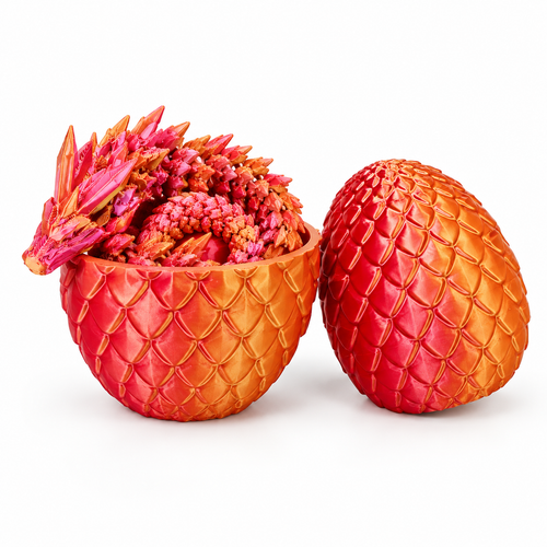 Red-orange dragon egg twisted open with a coiled articulated crystal dragon inside