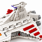 Close-up of the 960-piece spaceship bridge towers, grey engines and red wing stripes