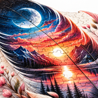 Close-up of the moon and sunset lake on the Celestial Feather wooden puzzle with interlocking cut lines