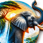 Close-up of the Mystical Elephant wooden puzzle showing the elephant head, tusks and interlocking cut lines