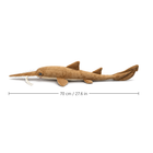 Side profile of the long-snouted sawshark plush toy with a length line of 70 cm / 27.6 in