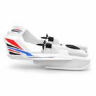 Side profile of the amphibious RC plane-boat with foam hull, pusher propellers and red, blue and black striped wing