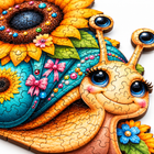 Close-up of the snail face and shell on the wooden puzzle showing laser-cut pieces and vivid colours