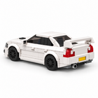 Rear three-quarter view of white 336-piece EVO sports car brick model with tail lights - Toylvia