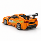 Rear three-quarter view of the 358PCS orange brick-built sports car with rear wing and diffuser