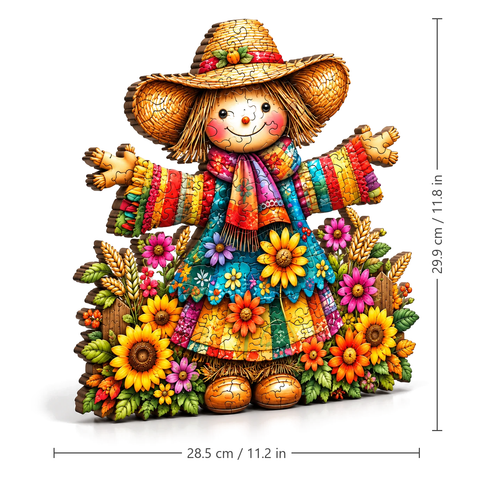 Fall harvest scarecrow irregular wooden puzzle with size lines: 28.5 cm / 11.2 in wide, 29.9 cm / 11.8 in tall