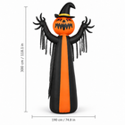 10 ft inflatable pumpkin ghost with witch hat, size view, 300 cm / 118.1 in tall and 190 cm / 74.8 in wide