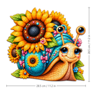 Assembled sunflower snail wooden jigsaw puzzle with size lines: 28.5 cm / 11.2 in wide and tall