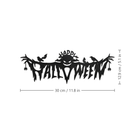 Happy Halloween metal wall plaque front view with size lines: 30 cm / 11.8 in wide, 12.9 cm / 5.1 in tall