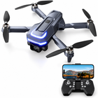 Dark folding 1080P brushless camera drone with its phone-mounted RC controller shown at bottom right.