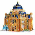 Ornate orange and blue brick-built astronomy museum with gold domes, columns and fountains