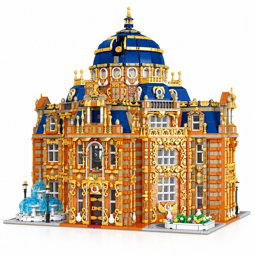 Ornate orange and blue brick-built astronomy museum with gold domes, columns and fountains