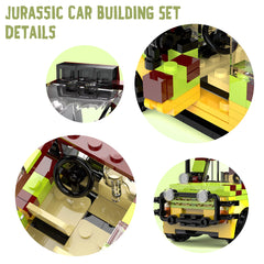 Separated building block pieces laid out showing all 309 ABS plastic bricks in yellow, dark red, lime green, black, and transparent colors used to construct the Jurassic vehicle