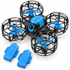 Top view of the blue and black 4DRC V18 drone with its two blue modular batteries.