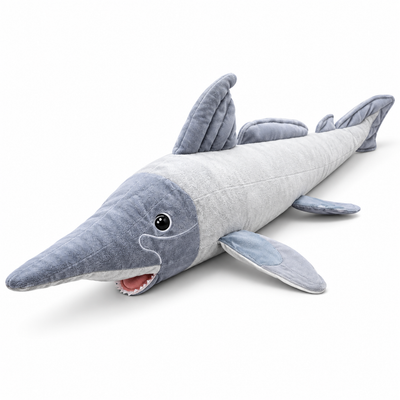 66CM long-snouted silver shark plush toy, diagonally positioned on a clean white studio background.